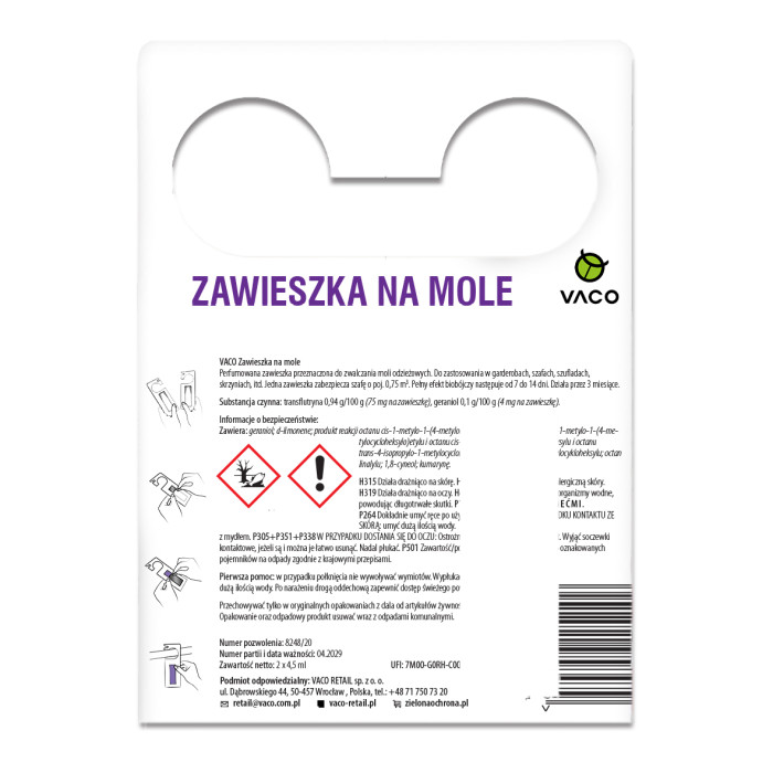 Zawieszka na mole ubraniowe w żelu Lavender 2 sztuki VACO