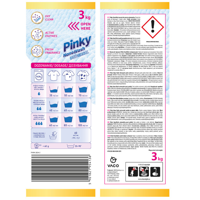 Pinky NanoWash Universal - Proszek do prania białych i jasnych tkanin (50 prań) 3kg