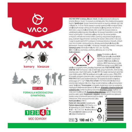 Spray na komary kleszcze meszki z Panthenolem DEET30 100ml VACO MAX