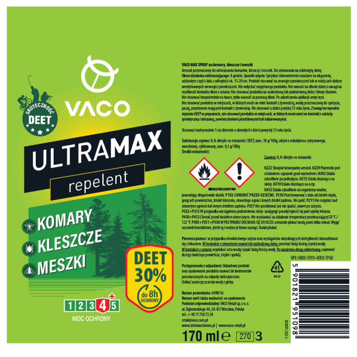 3x Mocny Spray na Komary Kleszcze Deet30 170ml Ultramax VACO 3x Mocny Spray na Komary Kleszcze Deet30 170ml Ultramax VACO