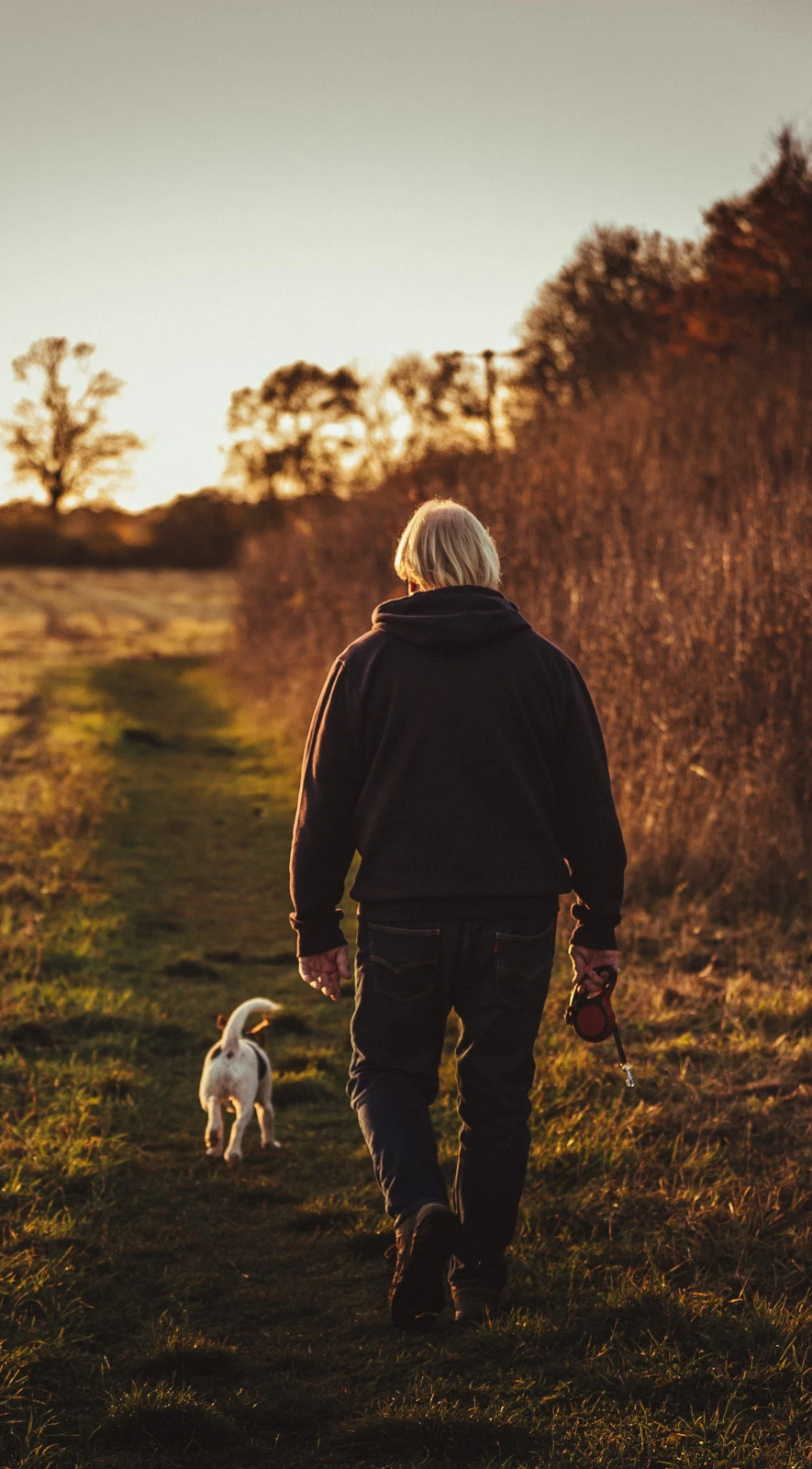 Starszy pan na spacerze z psem na terenach podmiejskich