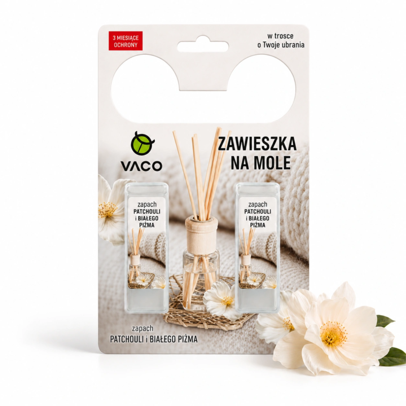 dv326 packshot sq ready_hq VACO zawieszka na mole w żelu o zapachu patchouli i białego piżma, 2 sztuki na kartoniku