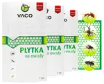 Trzy białe pudełka VACO Płytka na owady ułożone kaskadowo, obok kółek z ilustracjami mrówki, pająka, muchy i karalucha