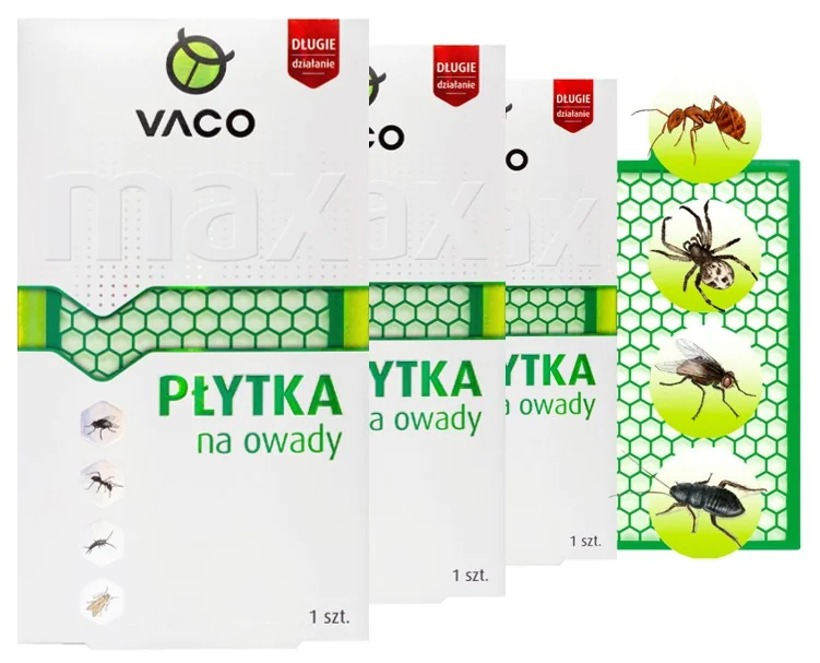 0b0ea11f8f4e4027eb5527dbd7c17475 Trzy białe pudełka VACO Płytka na owady ułożone kaskadowo, obok kółek z ilustracjami mrówki, pająka, muchy i karalucha