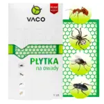 Białe pudełko VACO Płytka na owady z ikonami zwalczanych owadów (mucha, mrówka, rybik, mól) i widoczną zieloną płytką z plastrem miodu