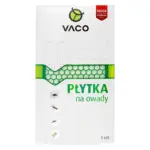 Tylna strona opakowania VACO Płytka na owady z listą zwalczanych szkodników, składem (transflutryna, geraniol) i piktogramami ostrzegawczymi