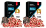 Dwa czarne pudełka VACO PROFESSIONAL Pasta na gryzonie 1kg ze szczurem i stosem czerwonych saszetek trutki, ustawione obok siebie