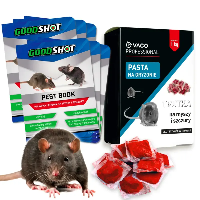 a50754e3f7b80c430ba607e02e3ef5af Zestaw VACO Professional trutka na myszy i szczury 1 kg z sześcioma pułapkami lepowymi GOODSHOT Pest Book