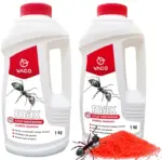 Dwie białe plastikowe butelki VACO MAX Stop Mrówkom granulat na mrówki 1 kg z czerwoną nakrętką, ustawione obok siebie