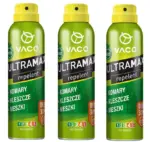 Dwie zielone puszki VACO ULTRAMAX repelent DEET 30% na komary, kleszcze i meszki, żółte nakrętki, ustawione obok siebie