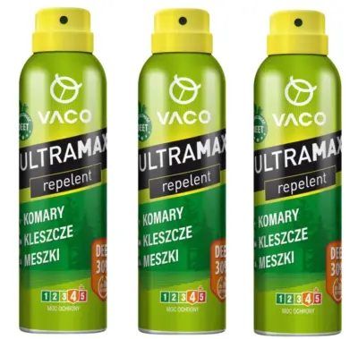 Dwie zielone puszki VACO ULTRAMAX repelent DEET 30% na komary, kleszcze i meszki, żółte nakrętki, ustawione obok siebie