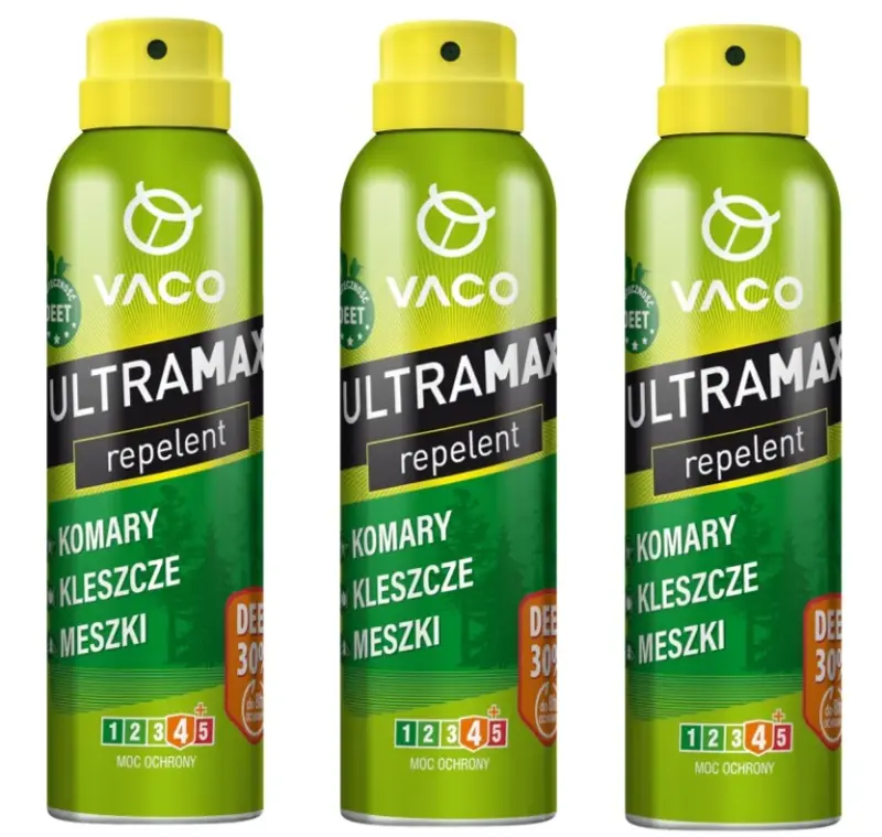 b8a5b363beec5b6706b2549f81407c0b Dwie zielone puszki VACO ULTRAMAX repelent DEET 30% na komary, kleszcze i meszki, żółte nakrętki, ustawione obok siebie