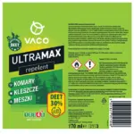 Kolaż VACO ULTRAMAX: puszka repelentu obok makrofotografii komara na dmuchawcu, kleszcza na liściu i meszki na piasku - owady zwalczane przez produkt