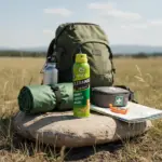 Puszka VACO ULTRAMAX repelent ustawiona na kamieniu w plenerze obok zielonego plecaka turystycznego, maty, apteczki i mapy - zastosowanie podczas wyprawy w teren