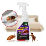 GOODSHOT BugKiller preparat na pluskwy 500 ml, zbliżenie pluskwy na tkaninie i sypialni w tle
