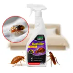 GOODSHOT BugKiller preparat na pluskwy 500 ml, zbliżenie pluskwy na tkaninie i sypialni w tle