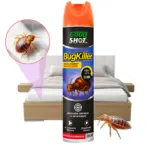 GOODSHOT BugKiller spray na pluskwy 300 ml, zbliżenie pluskwy na tkaninie i sypialni w tle