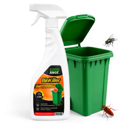 GOODSHOT BinKiller środek 2w1 do kosza na śmieci 500 ml, obok otwarty zielony pojemnik na odpady, mucha i karaluch
