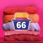 Ikona 66 prań na tle złożonych kolorowych ubrań — wydajność żelu Pinky NanoWash Color