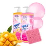 Zestaw 2x koncentrat do mycia naczyń Pinky NanoWash: Mango i Bubble Gum, z owocem mango i gąbką