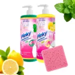 Zestaw 2x koncentrat do mycia naczyń Pinky NanoWash: Mint i Lemon, z listkami mięty, cytrynami i gąbką