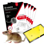 Zestaw 5 opakowań VACO PROFESSIONAL MouseBook – lep na myszy, obok rozłożona żółta pułapka lepowa i wizerunek myszy