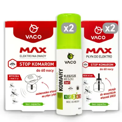 Zestaw VACO MAX na komary: dwa elektryczne płyny do elektrofumigatora i spray na komary, kleszcze i meszki