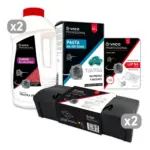 Kolaż zestawu VACO PRO: białe butelki granulatu 1 kg (x2), pudełko pasty 150 g, karmniki na małe gryzonie (x2) i lep MouseBook