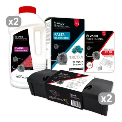 Kolaż zestawu VACO PRO: białe butelki granulatu 1 kg (x2), pudełko pasty 150 g, karmniki na małe gryzonie (x2) i lep MouseBook