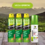 Trzy zielone spraye VACO ULTRAMAX DEET 30% i spray VACO na komary na tle krajobrazu