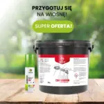 Zestaw proszku VACO MAX Stop Mrówkom 3 kg i sprayu na komary pokazany na drewnianym stole w ogrodzie