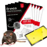 Rozłożony wachlarz 5 sztuk opakowań VACO PROFESSIONAL RatBook – lep na myszy i szczury, w tle czarno-biały wizerunek szczura