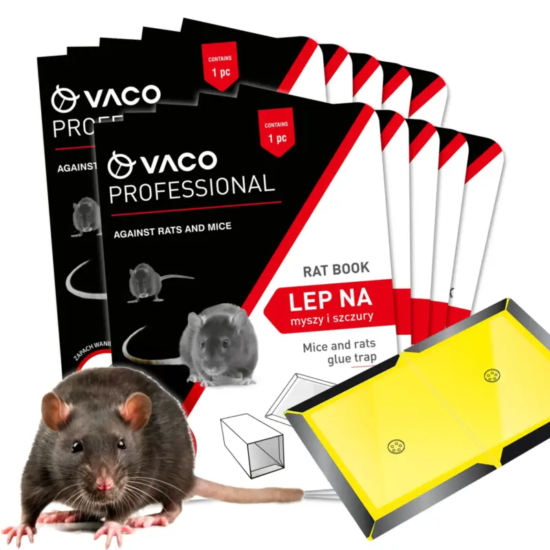 7597f18503d2234ee492bd15a47f7490 Rozłożony wachlarz 10 sztuk opakowań VACO PROFESSIONAL RatBook – lep na myszy i szczury, w tle czarno-biały wizerunek szczura