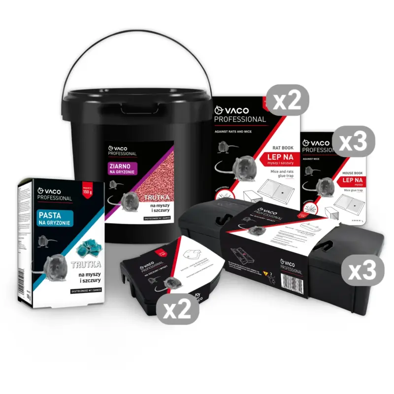 f56c75933465fa11af6655a915f02e95 Kolaż zestawu VACO PROFESSIONAL "Mistrz Ochrony": czarne wiadro ziarna na gryzonie 5 kg, lepy RatBook i MouseBook, czarne karmniki w różnych rozmiarach