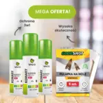 Baner Mega Oferta: zestaw 3x VACO Komary 3w1 i GOODSHOT pułapka na mole na drewnianym stole